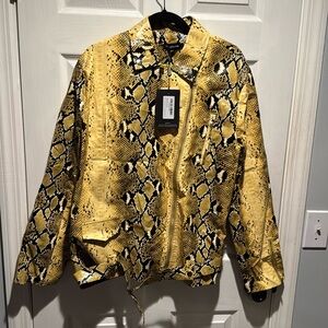Yellow snake print fox leather biker jacket, size 12 pretty little thing